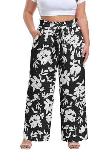 Image of OLRIK Women's Plus Size Pants Adjustable High Waisted Wide Leg Palazzo Pants Casual Trousers with Pockets Spring Clothes
