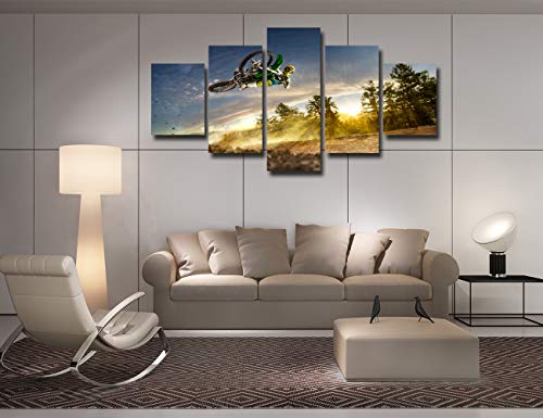 Dirt Bike Pictures On Canvas Wall Art Cool Paintings For Wall 5 Panel Canvas Poster Motocross Dining Room Artwork Framed Wall Decor For Living Room Ready To Hang(60''Wx32''H) #TOP3