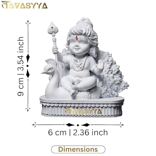 Image of Lord Murugan Idol | Bal Kartikeya /Skanda /Subrahmanya Swamy Statue with Peacock | for Mandir, Car Dashboard, Home Temple, Office Desk & Home Decor & Spiritual Gifting (Matte White)