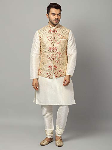 Image of Uri and MacKenzie Men's Silk Blend Kurta Pyjama with Stylish Embroidered Ethnic Jacket
