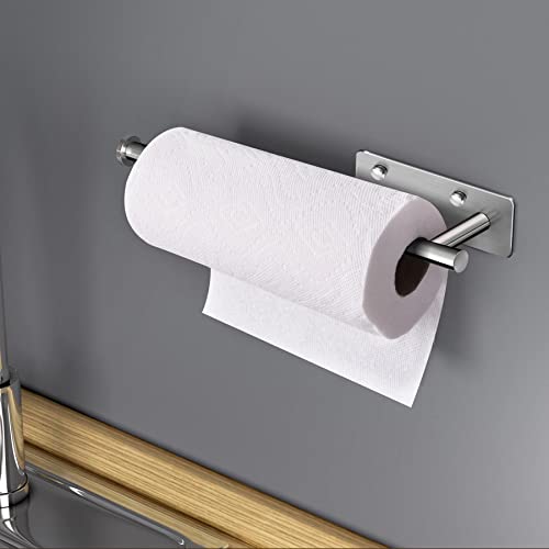 Image of VAEHOLD Self Adhesive Paper Towel Holder Under Cabinet Mount, Wall Mounted Paper Towel Roll Holder with Damping Effect for Kitchen, Bathroom, Wall - SUS304 Stainless Steel (Brushed Silver)
