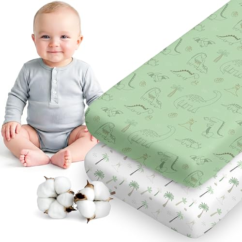 Dreamzie Juego de 2 Sabana Bajera Cuna 70x140 Algodon - Ajustables, Oeko Tex Certificado - Sabanas Cuna 70x140 para Colchon y Cama Infantil - Dinosaurios Blanco/Verde Salvia