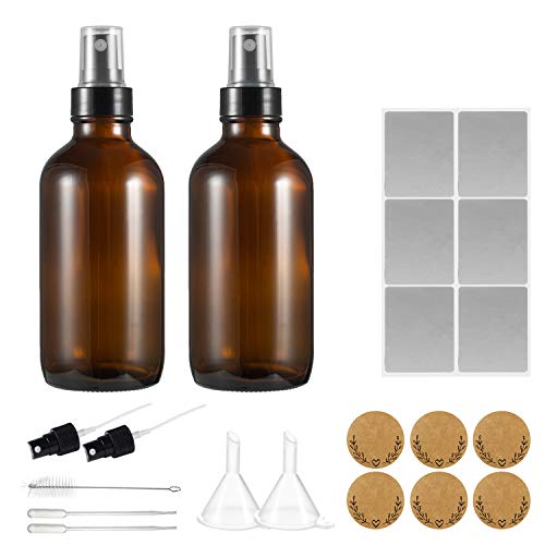 USAMILY 2 Pack 4oz 120 ml Amber Glass Spray Bottles Refillable Containers With 2 Extra Sprayers, 1 Brush, 2 Droppers, 2 Funnels, 6 waterproof Labels for Essential Oils, Perfumes
