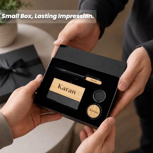 Image of Giftana Personalized Dual Side Keychain with Pen and Bamboo Visiting Card Holder Gift Set for Men & Women, Personalised Gifts for Husband, 3 in 1 Corporate Gifts for Employees, Clients,