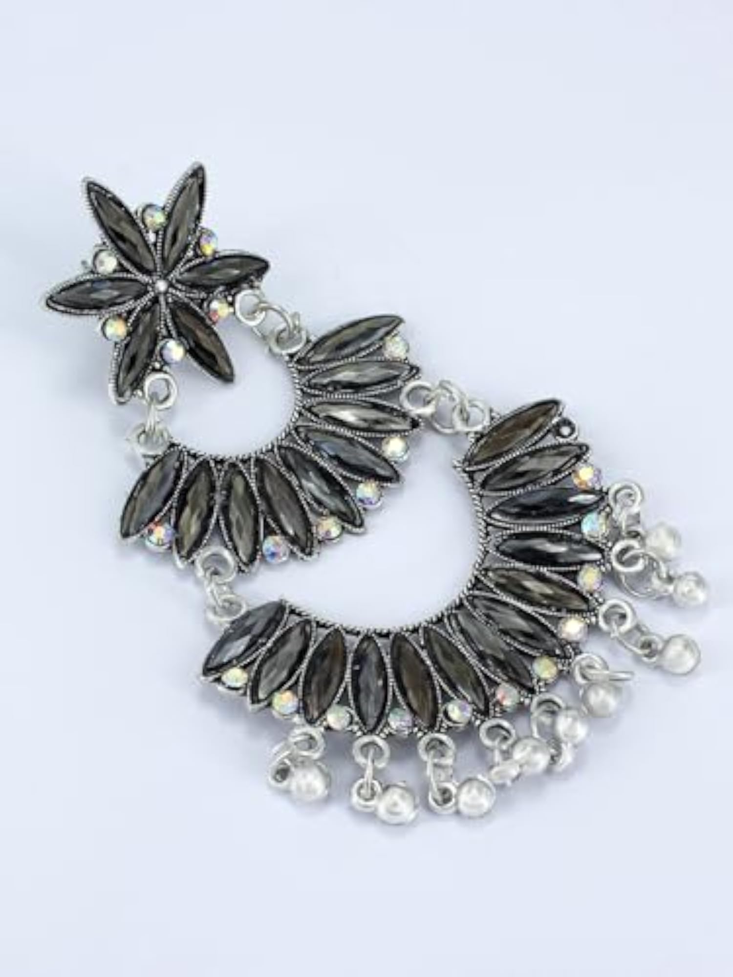 Women's Silver Oxidised Star Shaped Drop Earrings, 2 Layers