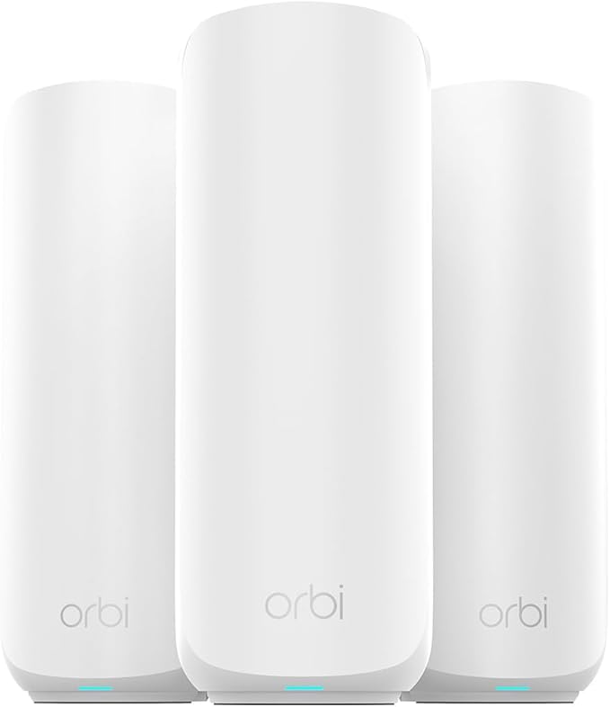 NETGEAR Orbi 370 Series Dual-Band WiFi 7 Mesh Network System for Home (RBE373) – Wireless Router + 2 Extenders, Security Features, 5 Gbps, Covers 6,000 sq.ft., 70 Devices, 2.5GB Internet Port, BE5000