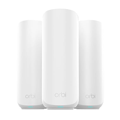 NETGEAR Orbi 370 Series Dual-Band WiFi 7 Mesh Network System for Home (RBE373) – Wireless Router + 2 Extenders, Security Features, 5 Gbps, Covers 6,000 sq.ft., 70 Devices, 2.5GB Internet Port, BE5000