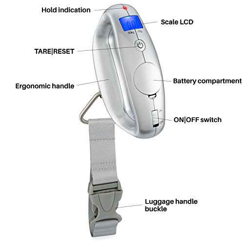 Smart Weigh Digital Portable Luggage Scale, 50Kg /110Lbs Capacity, With Ez Grip Handle, Travel Hanging Scale W/Strap, Bag Weight Gadget W/Tare Function For Suitcases, Batteries Included, Silver #TOP4