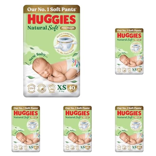 Image of Huggies Natural Soft Premium Baby Diaper Pants, Our No.1 Soft Pants, New Born /Extra Small (XS) Size (0-5 Kgs), Pack of 200 | Cloud Softness All over with India's 1st Cloud Touch BeltTM