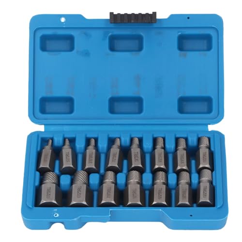 15Pcs Screw Extractor Set, Hex Head Easy Out Cr Mo Damaged Broken Bolt r Tool Kit, Left Hand Screw Design Bolt Extractor Set with Plastic Case