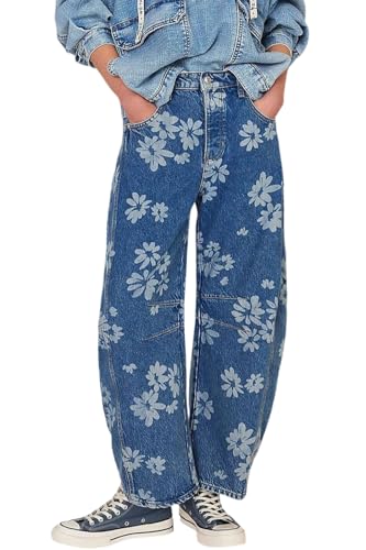 yoeasy Women's Mid Rise Baggy Barrel Jeans Floral Printed Wide Leg Y2k Boyfriend Jeans Denim Ankle Pants