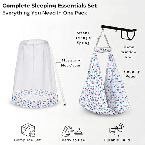 Image of VParents Sleeping Essentials Set with Mosquito Net, Spring & Window Hanger (Blue) | Preemie