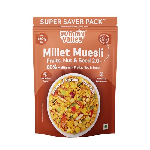 Image of Yummy Valley Millet Muesli Fruit, Nut & Seed 2.0-750g| 3.73g High Protein Muesli with High Fibre, 80% Multigrain with Sorghum & Almonds |No Refined Sugar | Jaggery Sweetened Breakfast Food for Adults