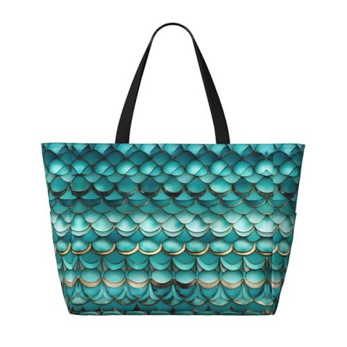 Mermaid Teal Fish Scale Large Capacity Foldable Tote Bag Women Beach Tote Bag Handbag Gym Bag Travel Shopping Bag2