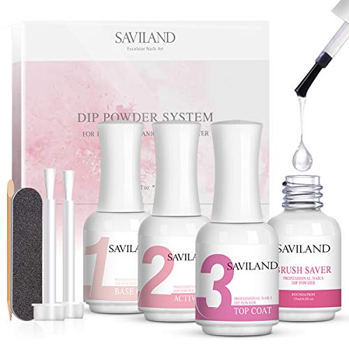 Saviland Dipping Powder Liquid Set - Dip Powder Activator Base Top Coat and Brushsaver 4pcs 0.5oz for Dip Powder Nail Kit