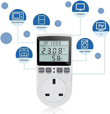 KETOTEK Power Meter Energy Monitor UK Plug, Watt Meter LCD Display Electricity Usage Monitor 11 Monitoring Modes, Watt Volt Amp Power Consumption Meter Overload Warning UK Plug for Home Appliances