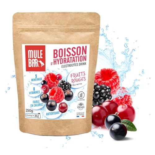 MULEBAR - Bebida Hidratante en Polvo - Frutos Rojos - Antioxidante - 8 Vitaminas - 5 Minerales - Electrolitos - Sabor Muy Bajo en Azúcar - Fácil de Digerir - 250g