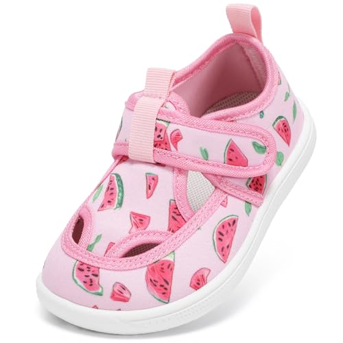 STQ KIDS Toddler Girls Wide Toe Box Barefoot Water Shoes : Cute Zero Drop Summer Beach Sandals Adjustable Quick Dry Non-Slip Sport Sneaker for Outdoor Indoor, Pink Watermelon, 7 Toddler