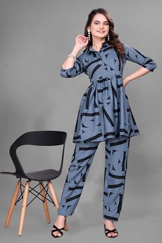 Image of Women Crepe 3 /4 Sleeves V Neck Cord Set Featuring Floral Pattern Design 2 Piece Ethnic Wear Set