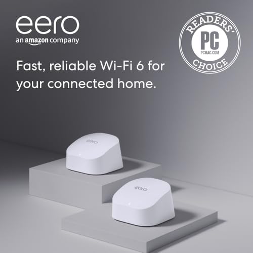 Amazon eero 6 mesh wifi system – Supports internet plans up to 500 Mbps, Coverage up to 3,000 sq. ft., Connect 75+ devices, 2-pack (1 router + 1 extender)
