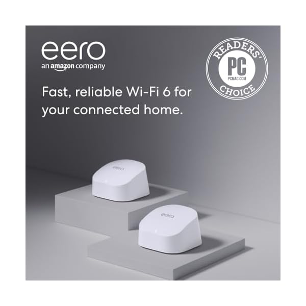 Amazon eero 6 mesh wifi system – Supports speeds up to 500 mbps, Connect to Alexa, Coverage up to 3,000 sq. ft., 2-pack, one router + one extender