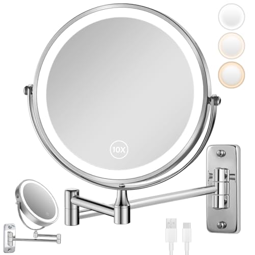 Opiniones de Espejos de aumento de esta semana. 49 GALASALA Espejo con Luz Montado en Pared, Espejo de Maquillaje 8 Pulgadas con Aumento 10X/1X, Espejo de Tocador para Baño con Brazo Extensible, Rotación 360°, 3 Modos de Color