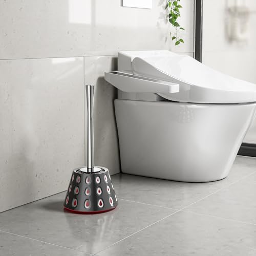 Image of Aesthetic Toilet Brush and Holder | Decorative Bathroom Accessory with Modern Tri-Color Pattern Design | Discreet Enclosed Caddy | Sturdy PP Bristles | Heavy-Duty Base | (Volcanic Gray /White /Red)