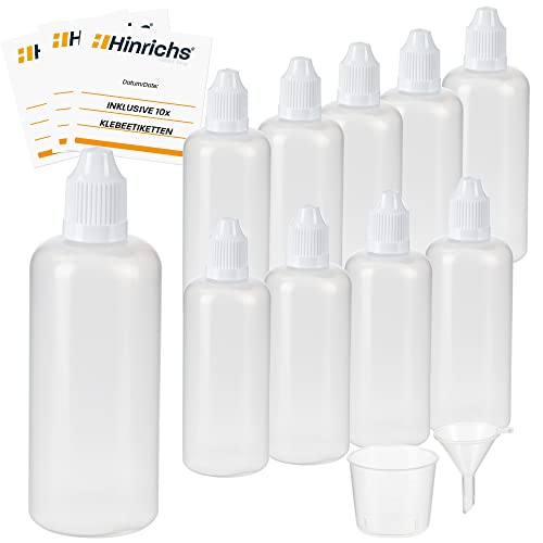 Hinrichs 10 x 100 ml Tropfflaschen mit Trichter, Messbecher und 10 Etiketten - Leere Quetschflasche zur Dosierung und Aufbewahrung - Flüssigkeiten dosieren - Tropfflasche Squeeze Bottle