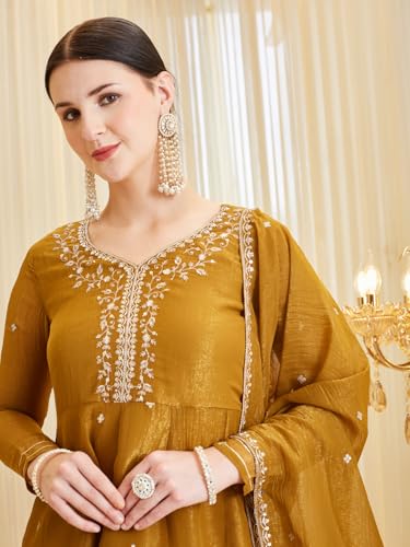 Image of MOKOSH Women's Silk Embroidery Peplum Kurta Sharara with Dupatta | Anarkali Kurta Set | Sweetheart Neck Full Sleeve Ethnic Suit | 3 Piece Outfit | Indian Kurta Outfit With Sharara