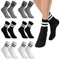 Fjquamitix 6 Pairs Kids Sports Crew Socks Breathable Boys Black White Grey Striped Socks Girls Cotton School Athletic Sock for Children Daily Wear