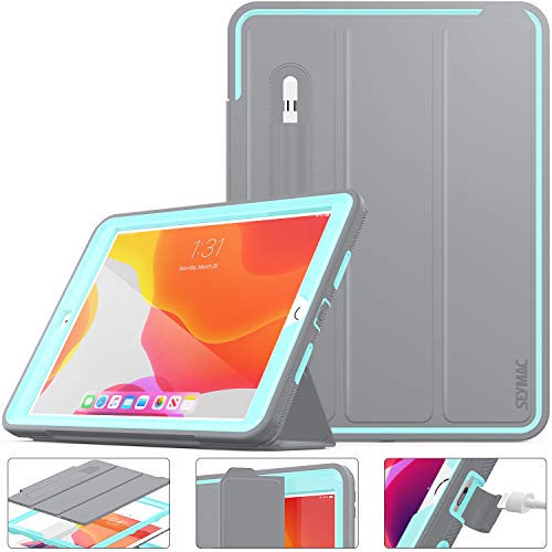 SEYMAC stock Case for iPad 10.2 2021/2020/2019, Protective iPad 10.2 inch Smart Cover Auto Sleep Wake with Leather Stand Feature for iPad 9th/8th/7th Generation(Sky Blue/Gray)