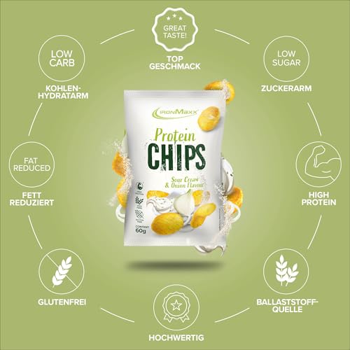 IronMaxx High Protein Chips – Sour Cream & Onion 60g | Low Carb, Glutenfrei & Zuckerarm | Knuspriger Eiweiß-Snack