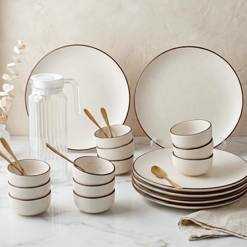 Image of The Earth Store Creme Ceramic Dinner Set, 25 Pieces for 6 with Dinner Plates, Veg Bowls, Spoons & Jug | Microwave & Dishwasher Safe | Bone-Ash Free Dinner Set for Dining Table & Gifting