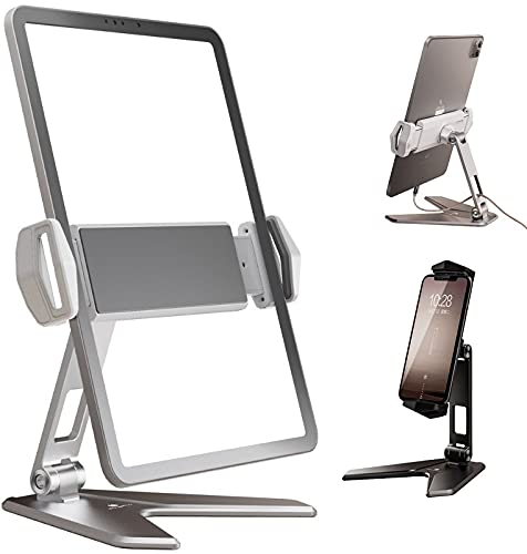 SooPii Tablet + Mobile Stand with Strong Aluminum Body and Extra Stable Base with Anti-Slip Padding - Black (Compatible Up to 14 inch Screen Devices)