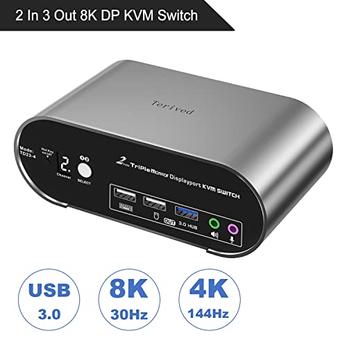 Terived 2 Port Dp Usb 3.0 Kvm Switch Triple Monitor Two Computers Three Displayport Monitors, 8K@30Hz 4K@144Hz, Aluminum Hotkey Audio Mic, Digital Display, Hdr10 With Cables #TOP1