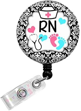 Nurse Hat - Stethoscope - RN - Baby Feet - Black Damask - Button Badge Reel - BR0293
