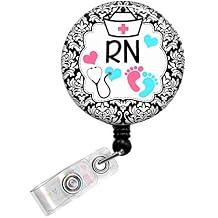 Nurse Hat - Stethoscope - RN - Baby Feet - Black Damask - Button Badge Reel - BR0293