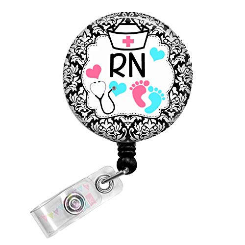 Nurse Hat - Stethoscope - RN - Baby Feet - Black Damask - Button Badge Reel - BR0293