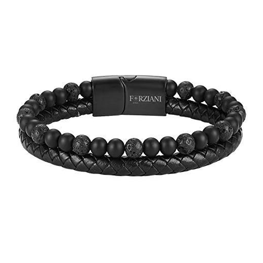 FORZIANI Multilayer Black Leather and Black Onyx Lava Stone Bracelet for Men - Mens Braided Leather Stainless Steel Wrap Wristband Cuff Bracelet - Size Large - Gift Box Packaged - Best Gift for Men