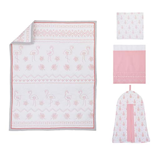 Nojo Tropical Flamingo Pink & White 100% Cotton 4Piece Nursery Crib Bedding Set, Embroidered Quilt, Fitted Sheet, Dust Ruffle, & Diaper Stacker, Pink, White, Grey #TOP5