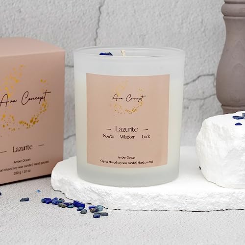 Healing Crystal Candle, Scented Candle Infused Lazurite Clear Quartz Crystals, Amber Ocean Scented, Positivity Energy, Cleansing Wellness, Gift For Women, Aromatherapy Clean Vegan 10Oz Jar Candle #TOP4