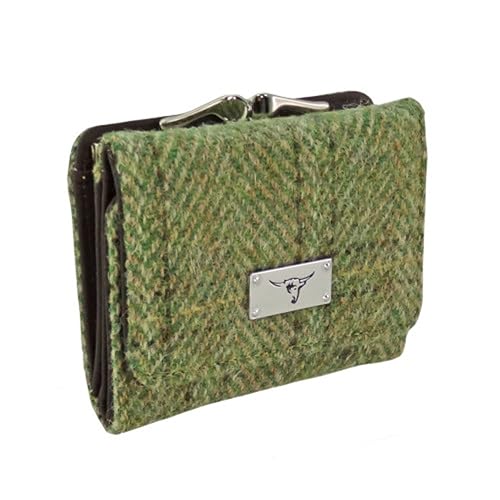 Image of Glen Appin Harris Tweed 'Unst' Small Purse in Deep Pink Tartan Wallet Birthday Gift (Green Herringbone with Overcheck)