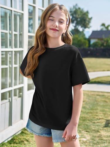 Haloumoning Girls Short Sleeve T Shirts Kids Summer Oversized Tops Casual Crewneck Basic Tees 5-14Y2