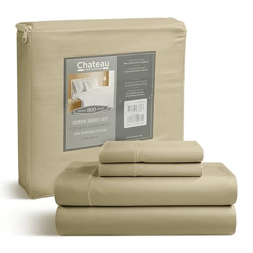 100% Egyptian Cotton Bed Sheets, Certified 800 Thread Count Deep Pocket Queen Sheets For Queen Size Bed Sheet & Pillowcase Sets, Soft & Comfy Naturally Cool Luxury Bedding, Fits upto 17"- Linen