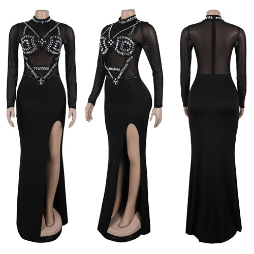 Image of Jigfar Women Sexy Elegant Rhinestone Mesh See Through Party Club Night Split Bodycon Formal Maxi Dress