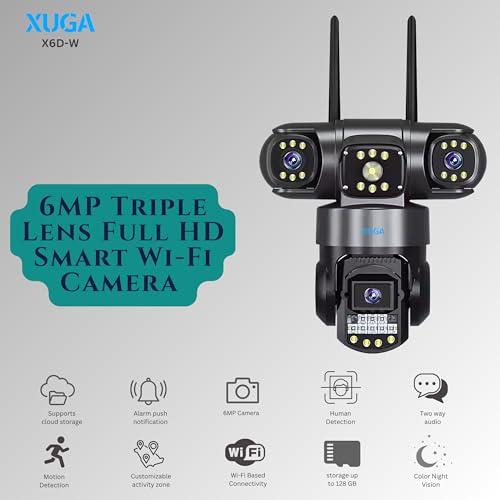 Image of XUGA Cybernautt Z6D 6MP 3 Lens WiFi PTZ Camera | 6MP FHD resolution with 3-view screen display. Supports up to 128GB storage, full color night vision, and AI motion alerts.