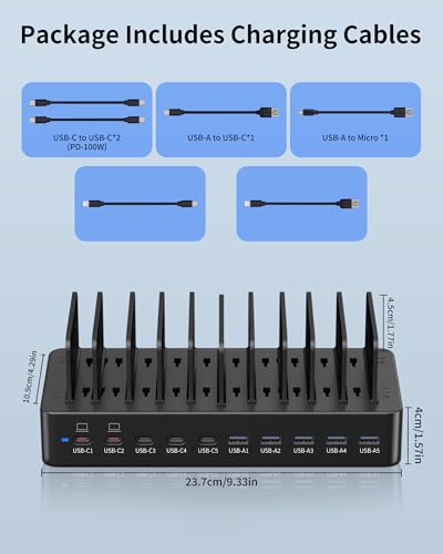 Image of 580W Charging Station for Multiple Devices, 10-Port USB C Fast Charger Station, Dual PD 100W Charging Dock with Adjustable Dividers & 6 Cables-Device Organizer for Laptop MacBook, iPhone, iPad
