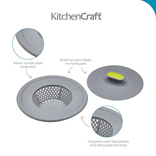 KitchenCraft Waschbeckenstöpsel- und Sieb, 2- in- 1, mit Kunststoffbeschichtung, passt auf die meisten Abflüssen, Sieb 11,5 cm, Stöpsel 10 cm, Grau /Grün
