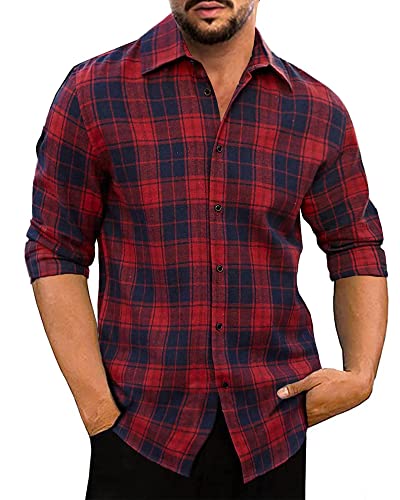 LVCBL Camisa de franela para hombre, algodón a cuadros, manga larga, informal, occidental, regular, M-3XL, rojo, XXL Cover