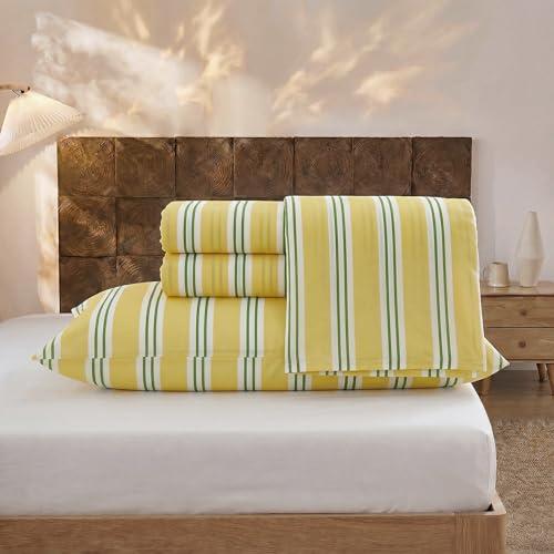Image of Merryword 100% Cotton Sheet Set Queen Size, Yellow & Green Stripes Bedding, Soft Breathable Percale Weave, Modern Minimalist, Luxury Linen Like, Deep Pocket Fitted Sheet 17.5 inch